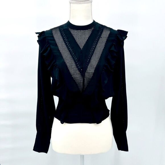 IRO Black Ruffle Lace Silk Blouse Size 2